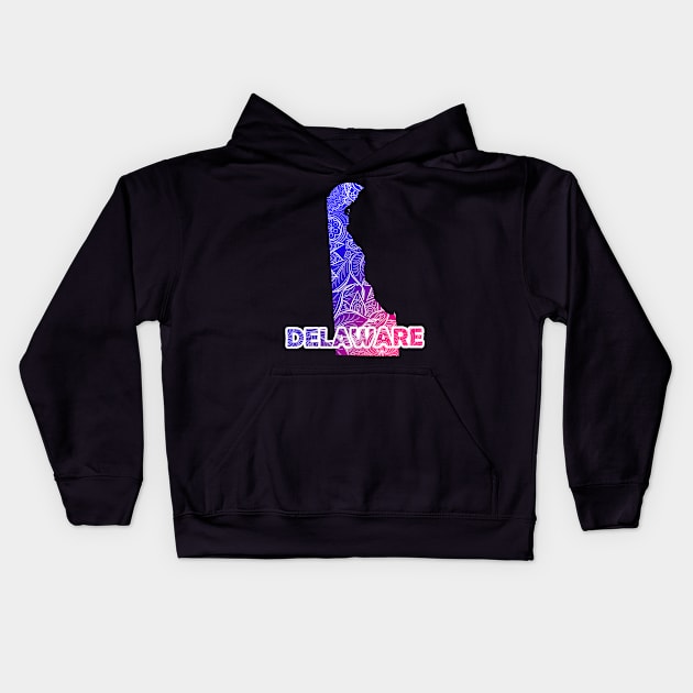 Colorful mandala art map of Delaware with text in blue and violet Kids Hoodie by Happy Citizen